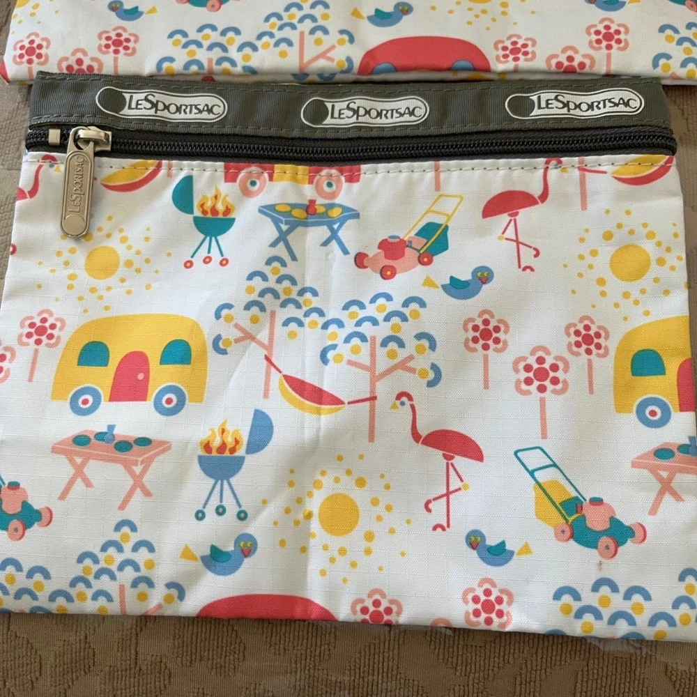 LeSportsac Happy Campers Pouch Set of 2 Flamingo Retro Trailer Makeup Bags